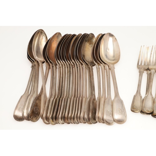 44 - A VICTORIAN MATCHED PART-CANTEEN OF FIDDLE & THREAD PATTERN SILVER FLATWARE. to include 24 table for... 