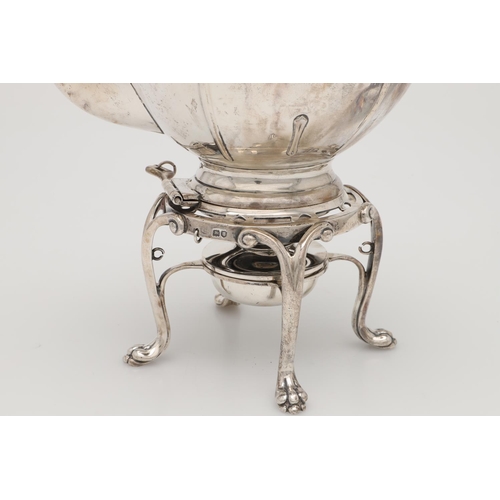 72 - AN EDWARDIAN SILVER KETTLE ON STAND. shaped oval form, with a wavy rim and ribbed decoration, initia... 