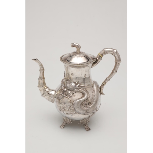 84 - A LATE 19TH/ EARLY 20TH CENTURY THREE-PIECE CHINESE SILVER TEA/ COFFEE SET. circular form, with natu... 