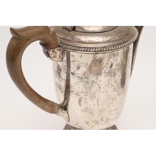 92 - A VERY NEAR PAIR OF 20TH CENTURY SILVER CAFE AU LAIT POTS. circular form, with gadrooned borders, ap... 