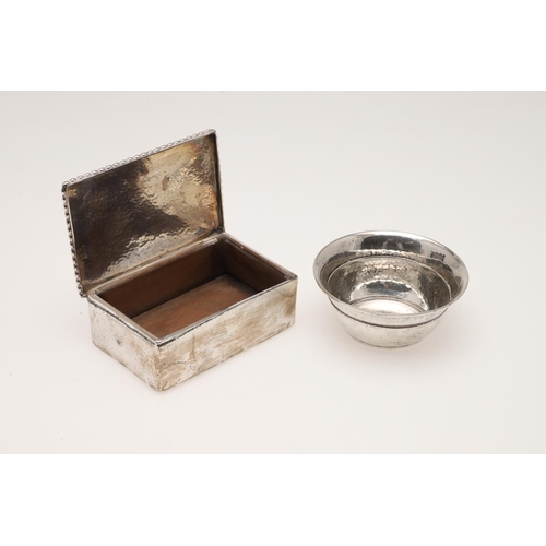 98 - 20TH CENTURY DANISH SILVER:-. an oval tea tray, small bowl with a hammered finish, a beaker, a woode... 