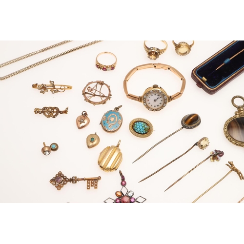 462 - A QUANTITY OF JEWELLERY. including a lady's gold and diamond wristwatch on an expanding bracelet, a ... 