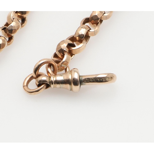 474 - A 9CT GOLD WATCH CHAIN. formed with oval-shaped hammered and plain links, with a 9ct gold swivel cla... 