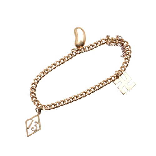 475 - A 15CT GOLD CURB LINK BRACELET. suspending three gold charms, 18.5cm long, 17.7 grams.