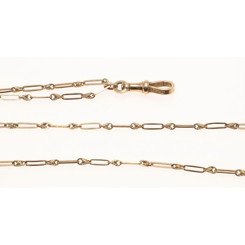 481 - A LATE VICTORIAN 9CT GOLD FETTER & TWIST GUARD CHAIN. with lobster claw clasp for hanging a watch, s... 