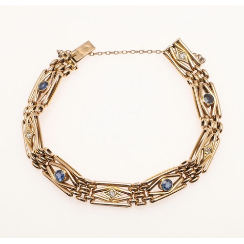 482 - A SAPPHIRE, DIAMOND AND 9CT GOLD FANCY GATE LINK BRACELET. mounted with circular-cut sapphires and d... 