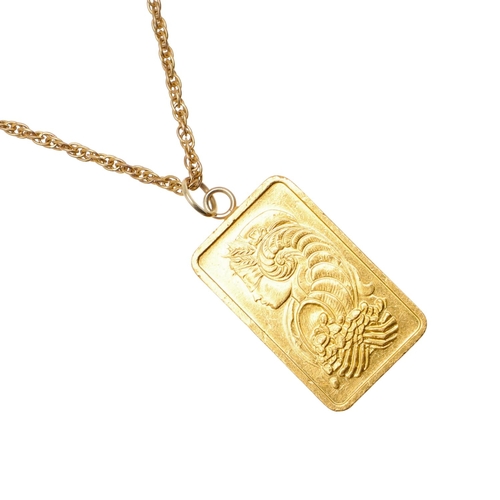 483 - A 10G 99.9% GOLD INGOT ON 9 CARAT GOLD CHAIN. the rectangular ingot with female bust on obverse and ... 