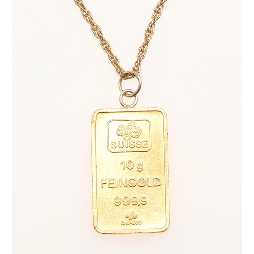 483 - A 10G 99.9% GOLD INGOT ON 9 CARAT GOLD CHAIN. the rectangular ingot with female bust on obverse and ... 