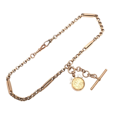 490 - A 9CT GOLD ALBERT WATCH CHAIN. formed with long and short gold links, suspending a 9ct gold 't' bar ... 