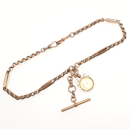 490 - A 9CT GOLD ALBERT WATCH CHAIN. formed with long and short gold links, suspending a 9ct gold 't' bar ... 