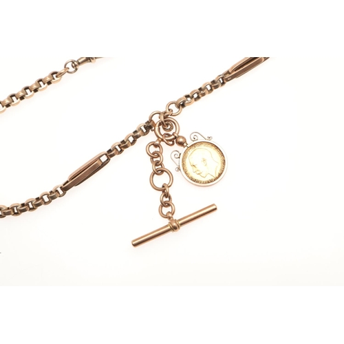 490 - A 9CT GOLD ALBERT WATCH CHAIN. formed with long and short gold links, suspending a 9ct gold 't' bar ... 