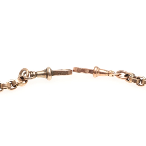 490 - A 9CT GOLD ALBERT WATCH CHAIN. formed with long and short gold links, suspending a 9ct gold 't' bar ... 