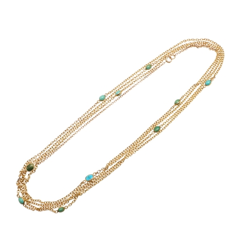 491 - A 9CT GOLD MUFF CHAIN. collet set with oval-shaped turquoise stones, 158cm long, 18.9 grams.