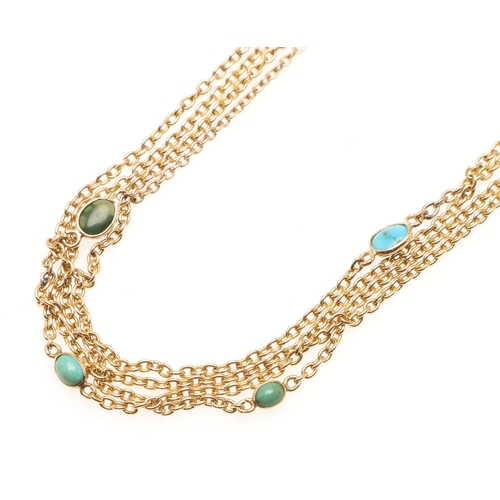 491 - A 9CT GOLD MUFF CHAIN. collet set with oval-shaped turquoise stones, 158cm long, 18.9 grams.