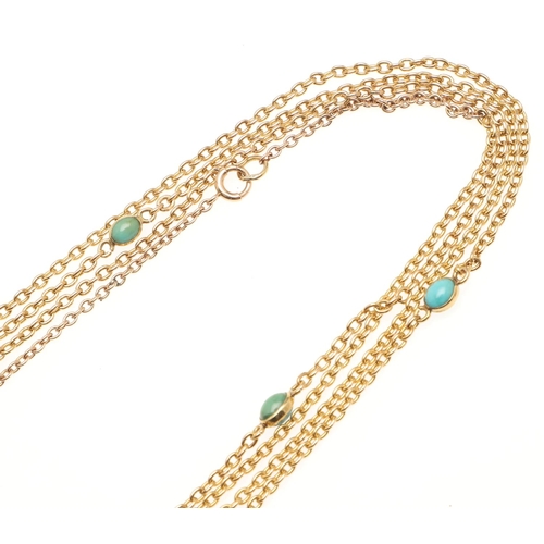 491 - A 9CT GOLD MUFF CHAIN. collet set with oval-shaped turquoise stones, 158cm long, 18.9 grams.