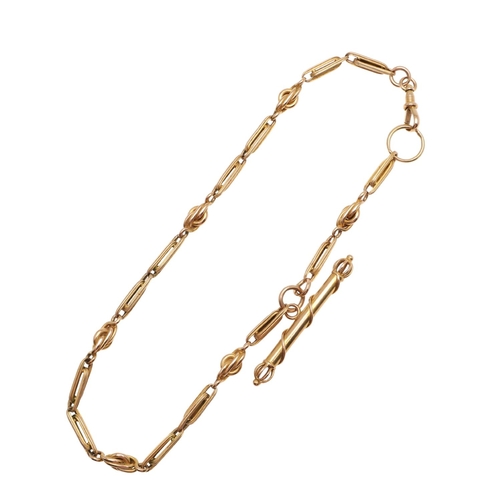 505 - A GOLD WATCH CHAIN. formed with fancy long and short links, to a clip and bolt clasp, suspending a f... 