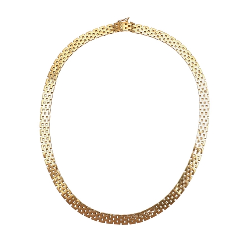 508 - AN 18CT GOLD BRICK LINE NECKLACE. with concealed clasp, 44cm long, 48 grams.