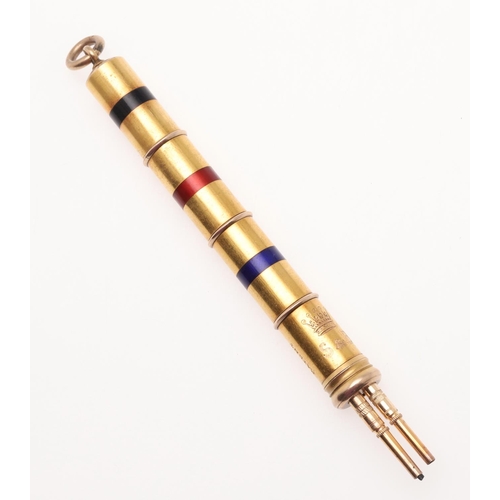 516 - A GOLD AND ENAMEL PROPELLING PENCIL BY W. THORNHILL & CO. with black, red and blue enamel decoration... 