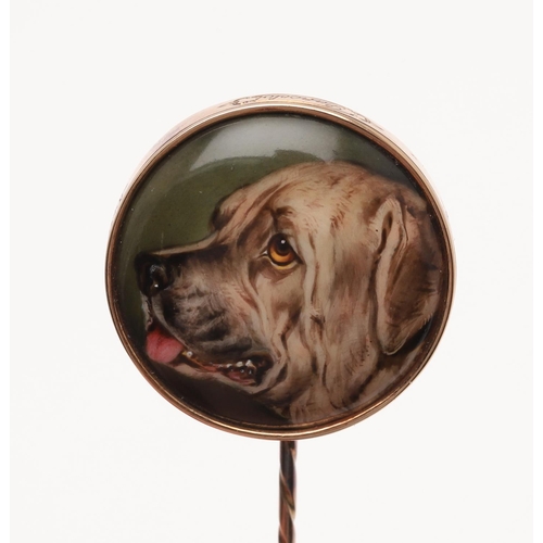 540 - A MID 19TH CENTURY GOLD AND ENAMEL STICK PIN. depicting a mastiff, inscribed around the gold mount '... 