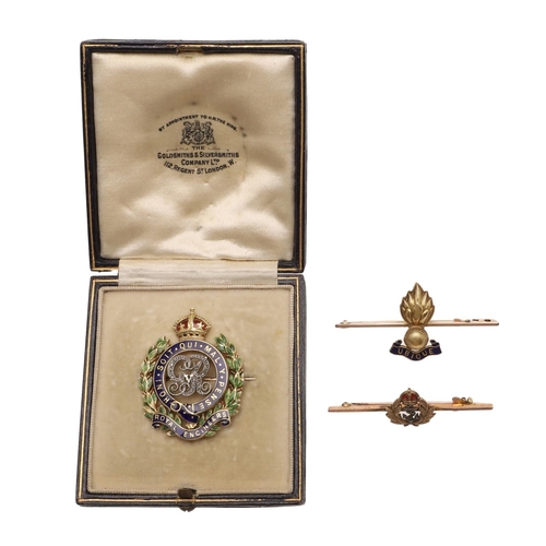 544 - A DIAMOND, ENAMEL AND GOLD REGIMENTGAL BROOCH FOR THE ROYAL ENGINEERS. centred with the monarch's in... 