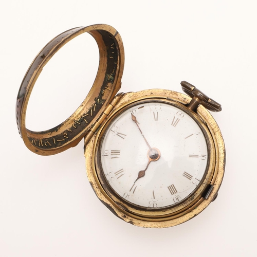 547 - AN 18TH CENTURY GILT METAL PAIR CASED POCKET WATCH. the white enamel dial with Roman numerals, the m... 