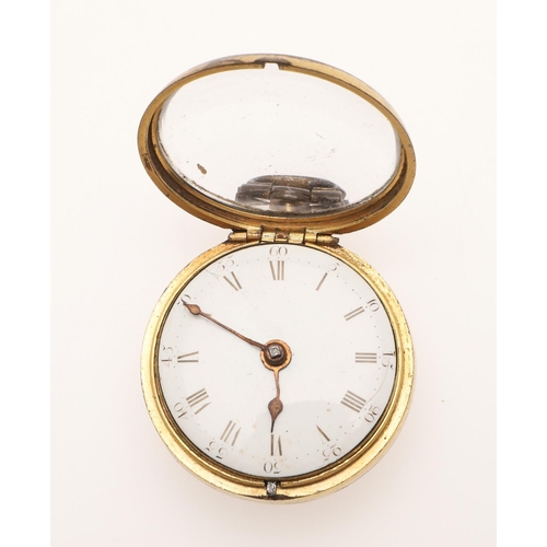 547 - AN 18TH CENTURY GILT METAL PAIR CASED POCKET WATCH. the white enamel dial with Roman numerals, the m... 