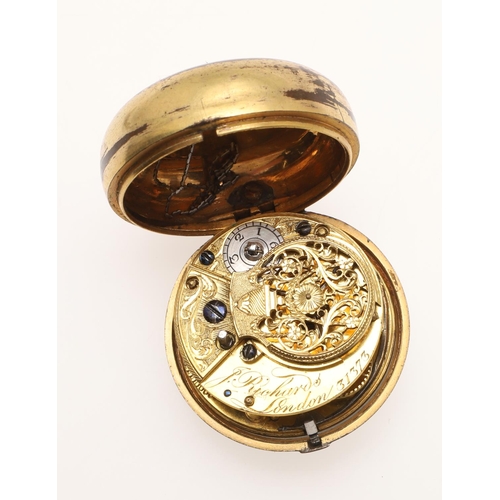 547 - AN 18TH CENTURY GILT METAL PAIR CASED POCKET WATCH. the white enamel dial with Roman numerals, the m... 