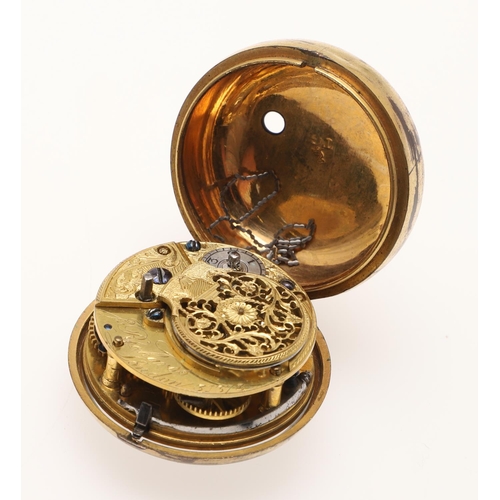 547 - AN 18TH CENTURY GILT METAL PAIR CASED POCKET WATCH. the white enamel dial with Roman numerals, the m... 