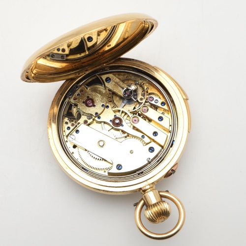 552 - AN 18CT GOLD QUARTER REPEATING HALF HUNTING CASED POCKET WATCH. the white enamel dial with Roman num... 