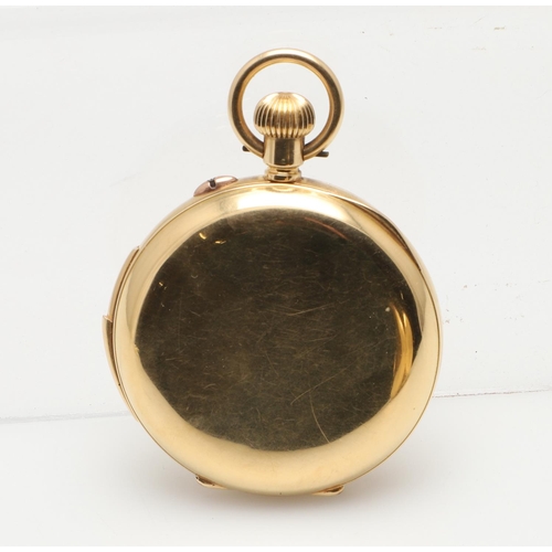 552 - AN 18CT GOLD QUARTER REPEATING HALF HUNTING CASED POCKET WATCH. the white enamel dial with Roman num... 