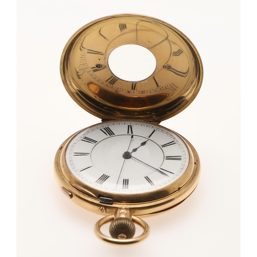 555 - AN 18CT GOLD HALF HUNTING CASED POCKET WATCH. the white enamel dial with Roman numerals, the movemen... 