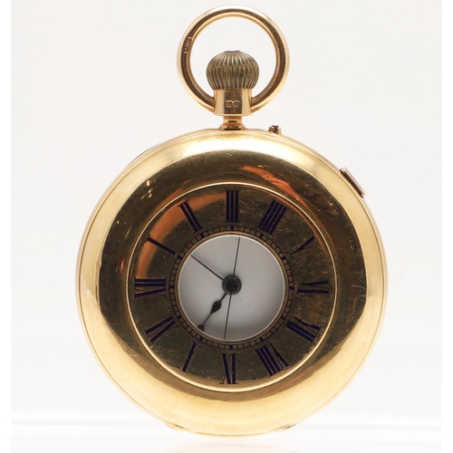 555 - AN 18CT GOLD HALF HUNTING CASED POCKET WATCH. the white enamel dial with Roman numerals, the movemen... 