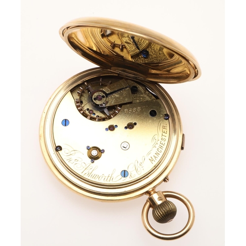 555 - AN 18CT GOLD HALF HUNTING CASED POCKET WATCH. the white enamel dial with Roman numerals, the movemen... 