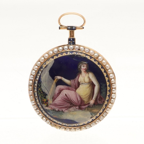 558 - A 19TH CENTURY GOLD, PEARL AND ENAMEL OPEN FACED POCKET WATCH BY GREGSON A PARIS. the signed white e... 