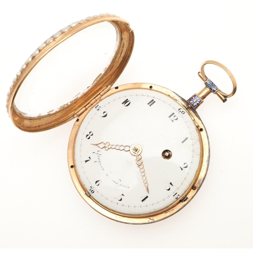 558 - A 19TH CENTURY GOLD, PEARL AND ENAMEL OPEN FACED POCKET WATCH BY GREGSON A PARIS. the signed white e... 