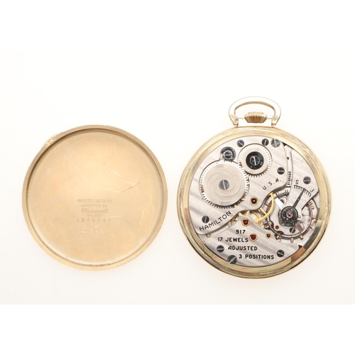 560 - A 14CT GOLD OPEN FACED POCKET WATCH BY HAMILTON WATCH CO., U.S.A. the signed circular dial with Arab... 