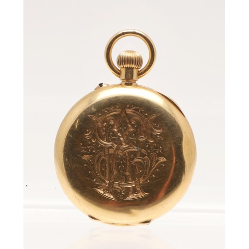 561 - AN 18CT GOLD OPEN FACED POCKET WATCH. the white enamel dial with black Roman numerals, inscribed wit... 