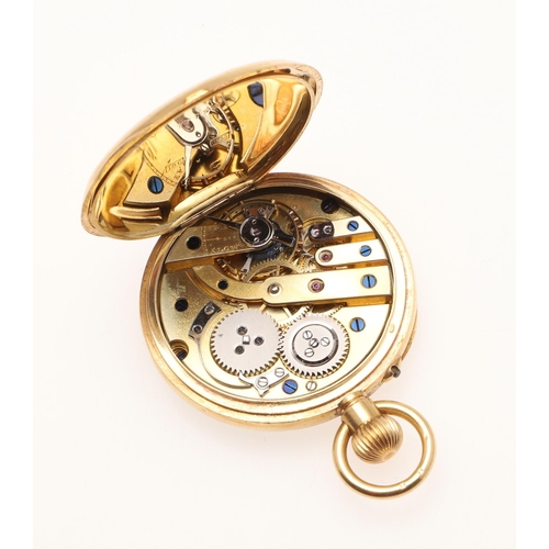 561 - AN 18CT GOLD OPEN FACED POCKET WATCH. the white enamel dial with black Roman numerals, inscribed wit... 