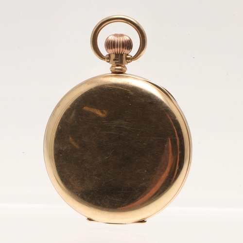 565 - A 9CT GOLD OPEN FACED POCKET WATCH BY OMEGA. the signed white enamel dial with Arabic numerals and s... 