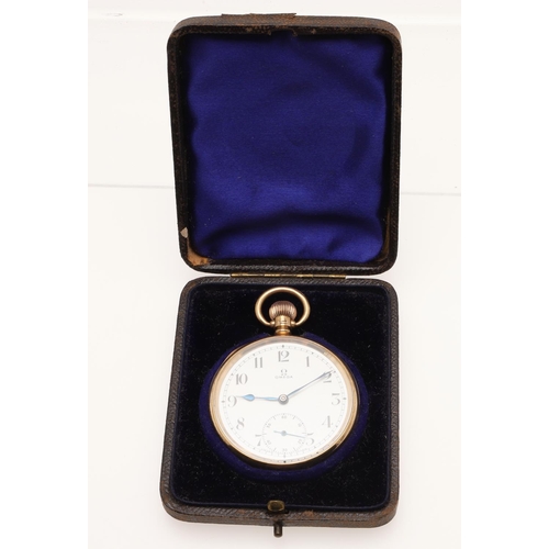 565 - A 9CT GOLD OPEN FACED POCKET WATCH BY OMEGA. the signed white enamel dial with Arabic numerals and s... 