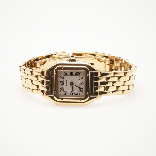 585 - A LADY'S 18CT GOLD PANTHERE WRISTWATCH BY CARTIER. the signed square-shaped dial with Roman numerals... 