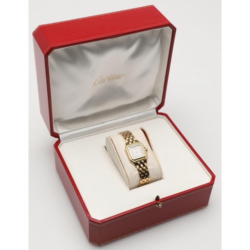 585 - A LADY'S 18CT GOLD PANTHERE WRISTWATCH BY CARTIER. the signed square-shaped dial with Roman numerals... 