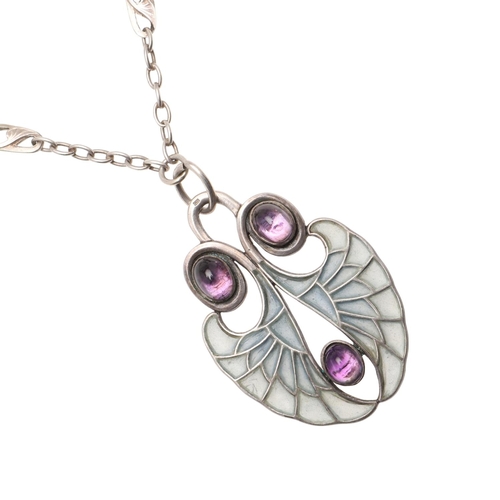 706 - AN ART NOUVEAU SILVER, AMETHYST AND PLIQUE A JOUR ENAMEL PENDANT. mounted with three oval-shaped foi... 