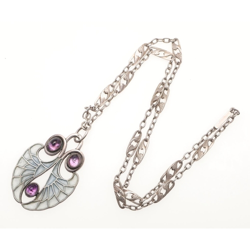 706 - AN ART NOUVEAU SILVER, AMETHYST AND PLIQUE A JOUR ENAMEL PENDANT. mounted with three oval-shaped foi... 