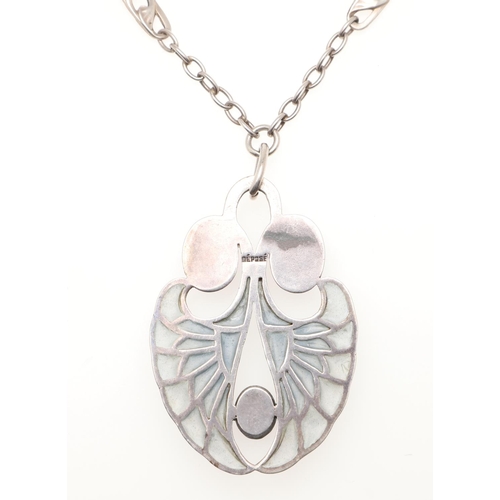 706 - AN ART NOUVEAU SILVER, AMETHYST AND PLIQUE A JOUR ENAMEL PENDANT. mounted with three oval-shaped foi... 