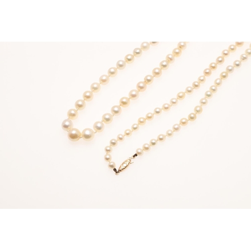 851 - A SINGLE ROW GRADUATED NATURAL PEARL NECKLACE. the ninety five pearls graduate to a gold lozenge-sha... 