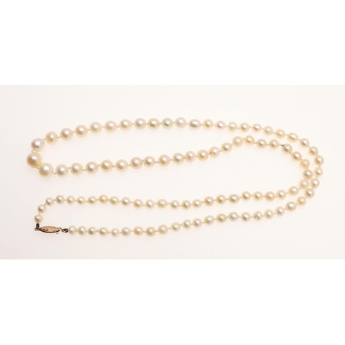 851 - A SINGLE ROW GRADUATED NATURAL PEARL NECKLACE. the ninety five pearls graduate to a gold lozenge-sha... 