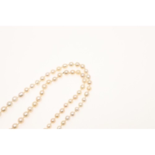 851 - A SINGLE ROW GRADUATED NATURAL PEARL NECKLACE. the ninety five pearls graduate to a gold lozenge-sha... 