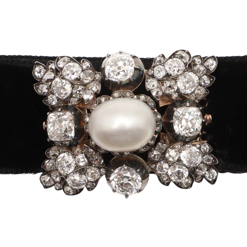 853 - A VICTORIAN NATURAL PEARL AND DIAMOND CENTREPIECE FOR A CHOKER. centred with an oval-shaped natural ... 