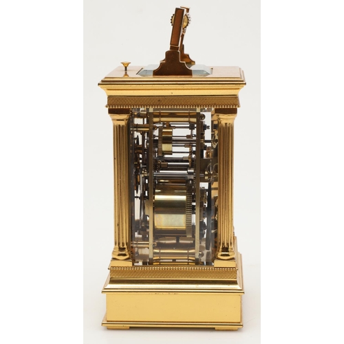 861 - A 19TH CENTURY FRENCH STRIKE REPEATER BRASS CARRIAGE CLOCK. the circular enamel dial with Roman nume... 